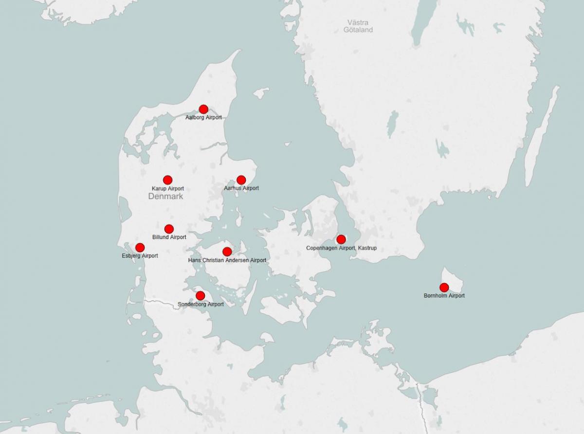 Mapa portów lotniczych w Danii